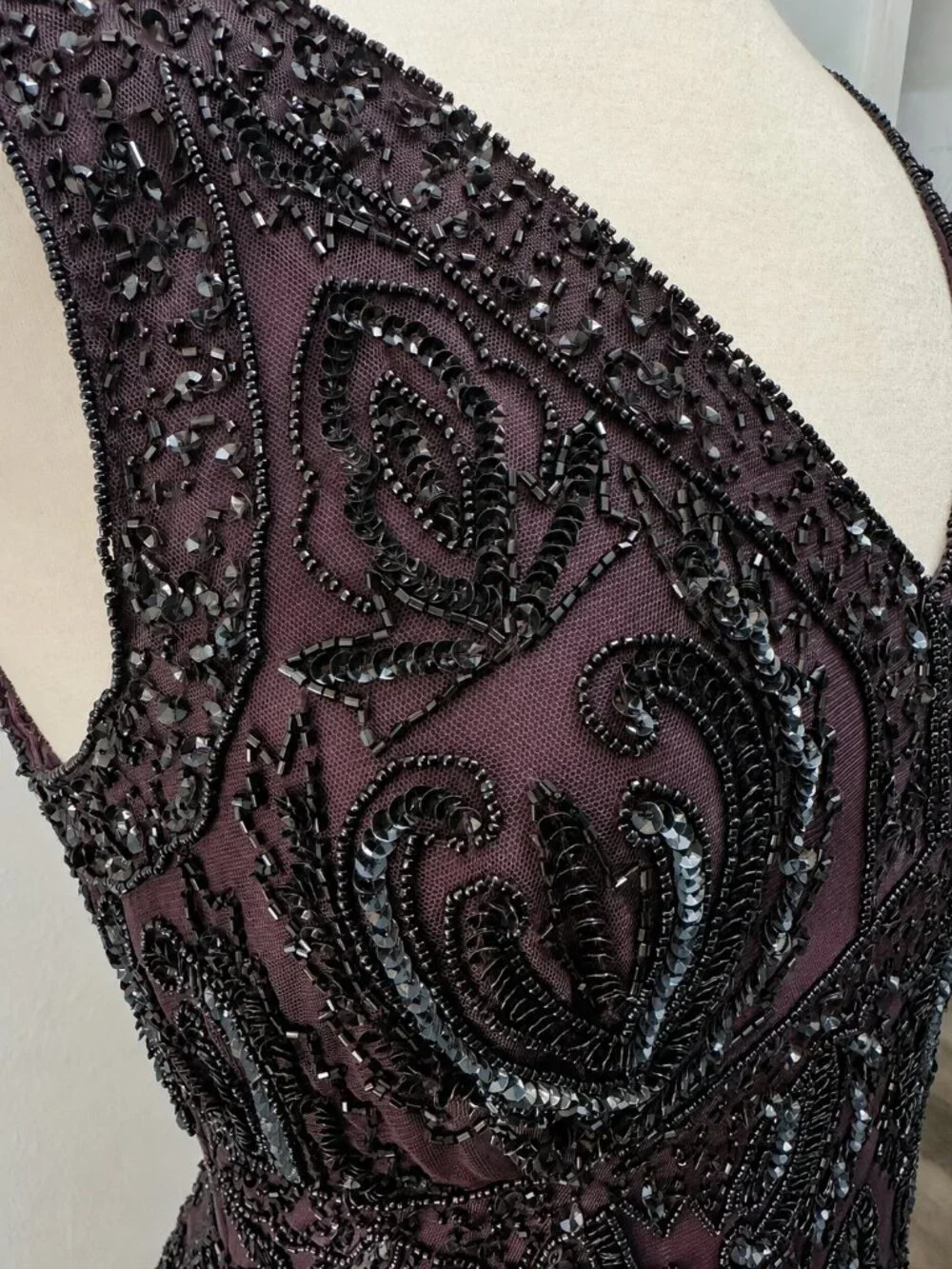 12P Plum Beaded Sequin Maxi Dress & Bolero Jacket Formal Flapper 20s Art Deco